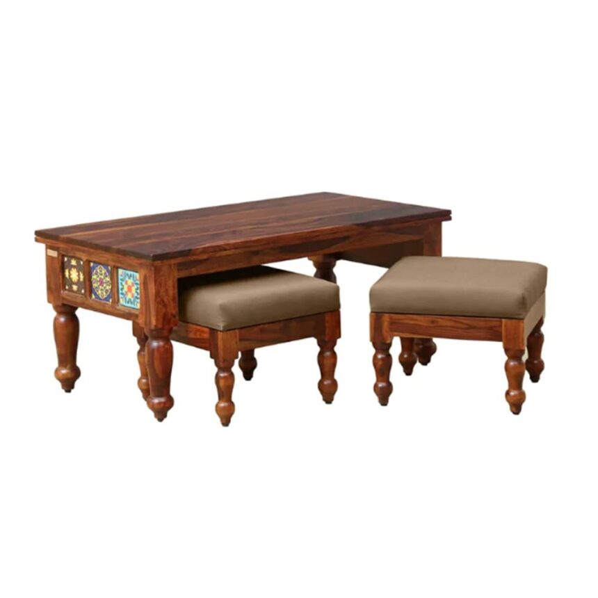 Solid Sheesham Wood Coffee Table with 2 Stools for Living Room Coffee
