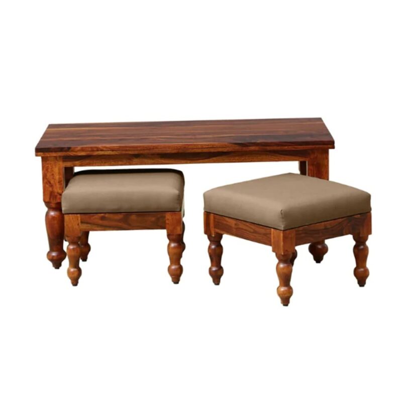 Solid Sheesham Wood Coffee Table with 2 Stools for Living Room Coffee Table with 2 Stools for