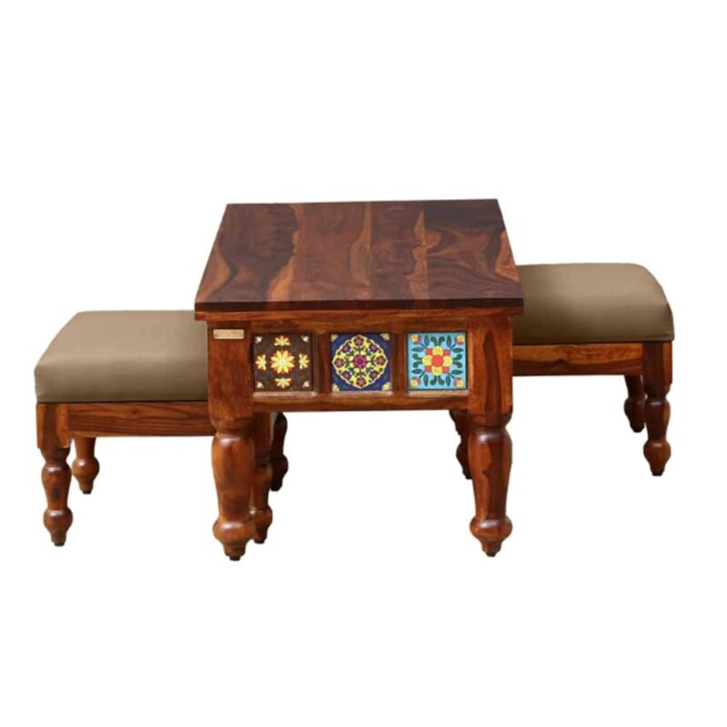Solid Sheesham Wood Coffee Table with 2 Stools for Living Room Coffee Table with 2 Stools for