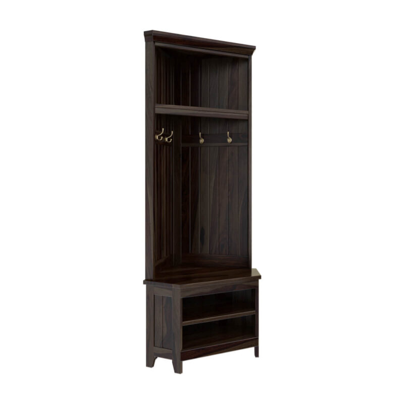 Solid Sheesham Wood Entryway Corner Hall Tree with Shoe Storage for
