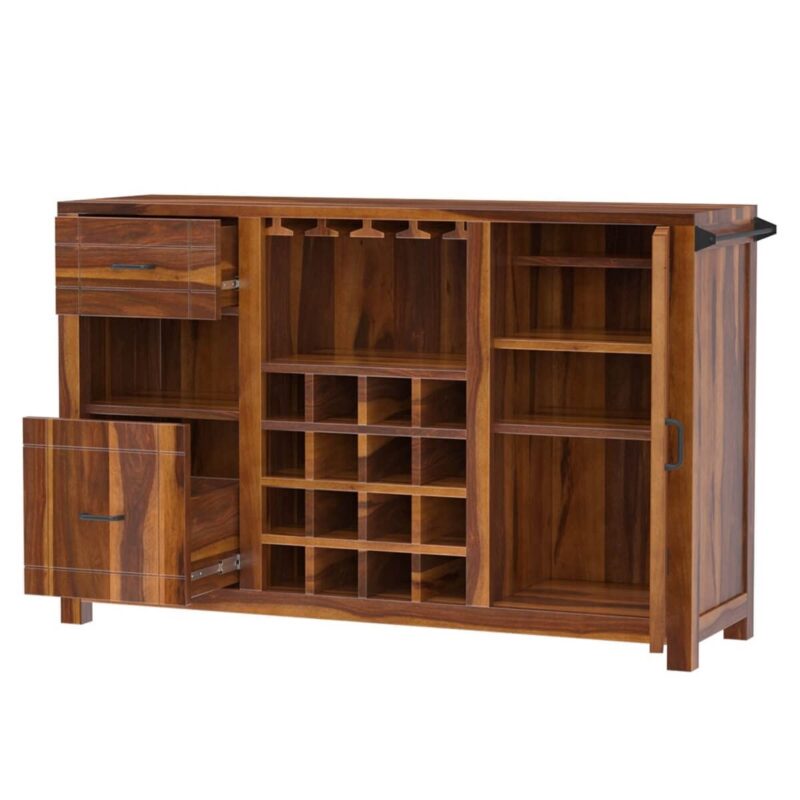 Solid Wood Bar with Wine Storage Rack with Glass Holder in Natural Honey Finish